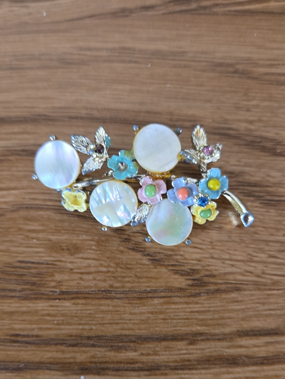 Gold-Tone Mother of Pearl Floral Brooch with Pastel Enamel Flowers